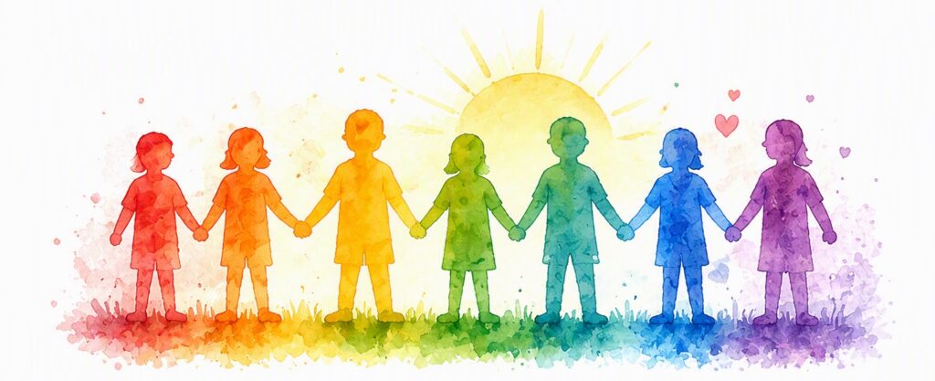 Kinder in verschiedenen Farben stehen vor einer Sonne